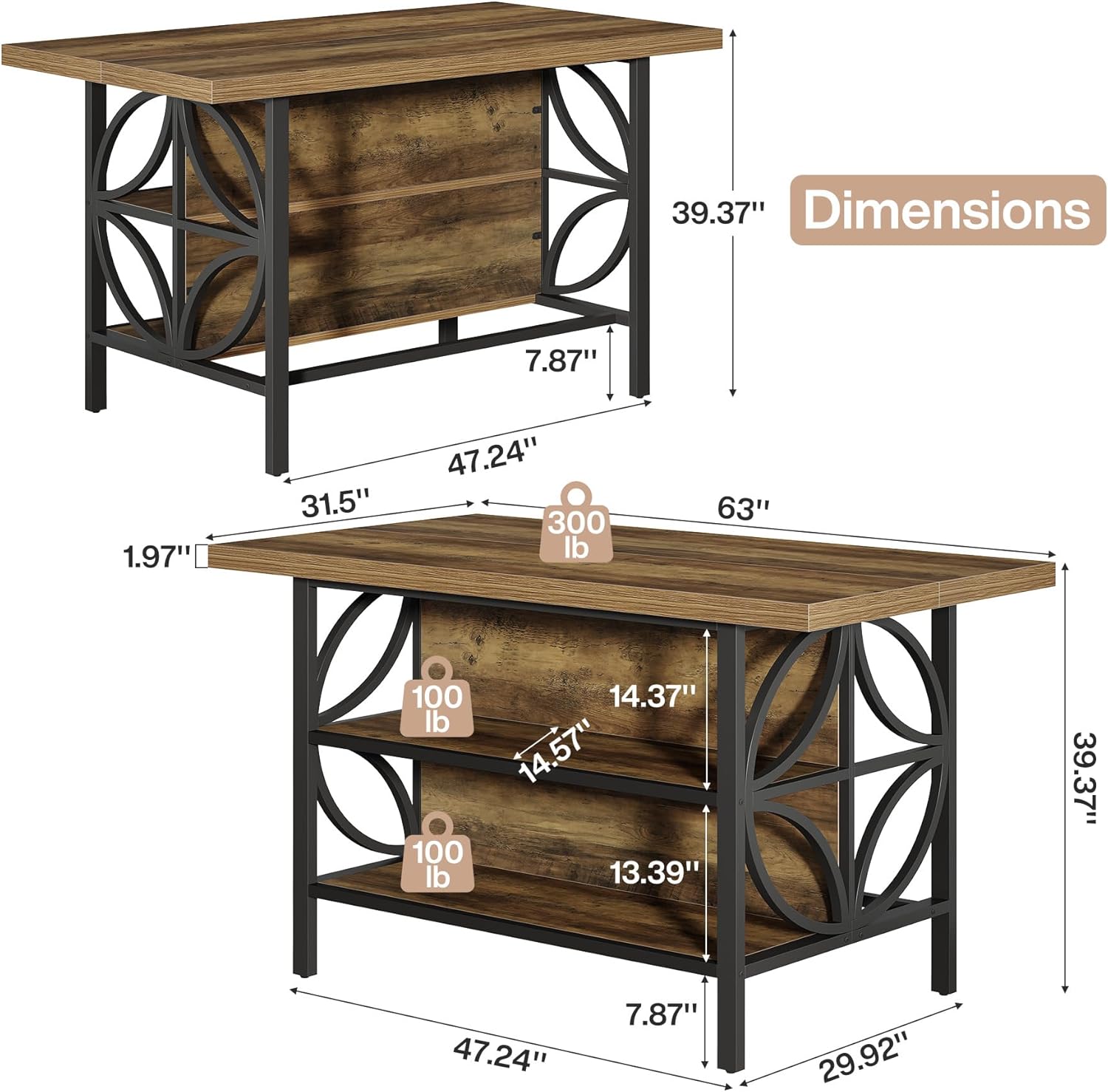 Tribesigns 62.99-Inch Kitchen Island with Storage, Kitchen Island Table with 2 Shelves and Large Worktop, Industrial Bar Table, Easy to Assemble, Rustic Brown (Stools Not Included)