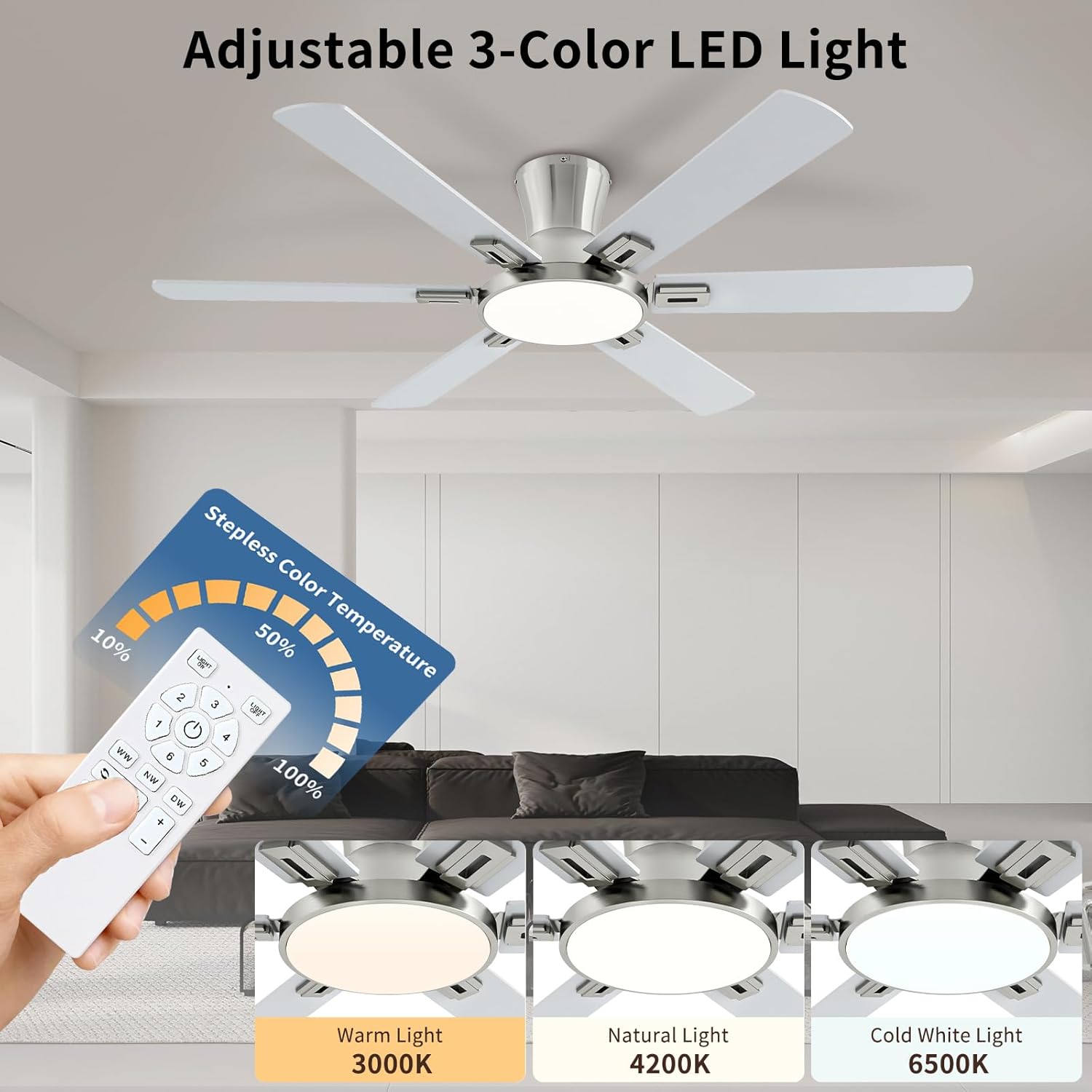 52 Inch Brushed Nickel Ceiling Fans with Lights and Remote,Flush Mount Low Profile 6 Blades Ceiling Fan with 10 Inch Lighting Fixture,Quiet Reversible DC Motor for Living Room,Bedroom and Patio