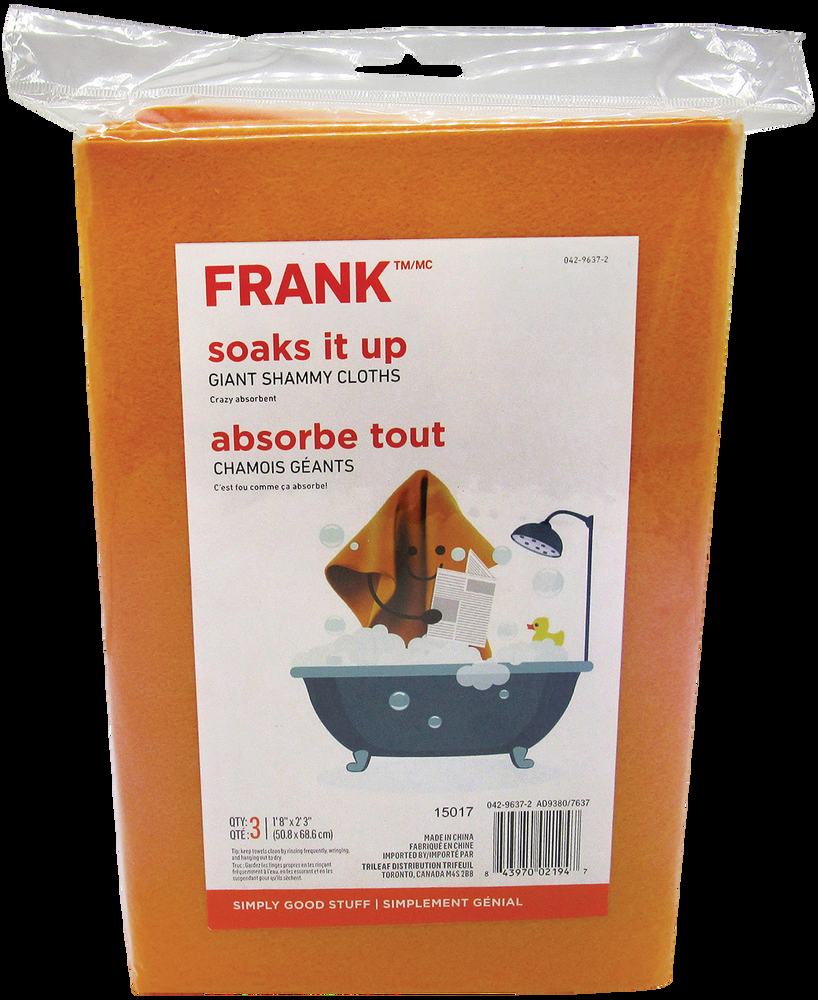 FRANK All-Purpose Machine Washable Synthetic Giant Shammy Towel, Orange, 3-pk