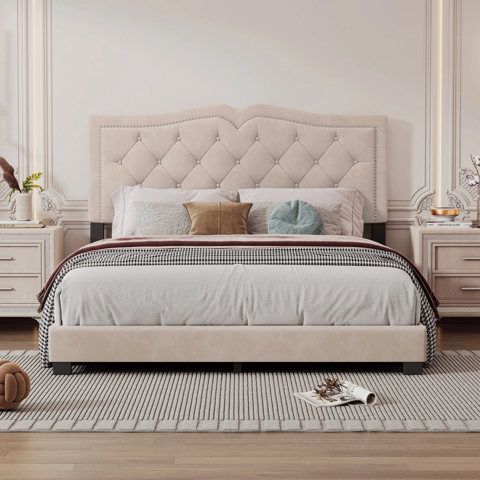 Queen Upholstered Platform Bed Frame with Tufted Headboard and Decorative Rivet Accents Sturdy