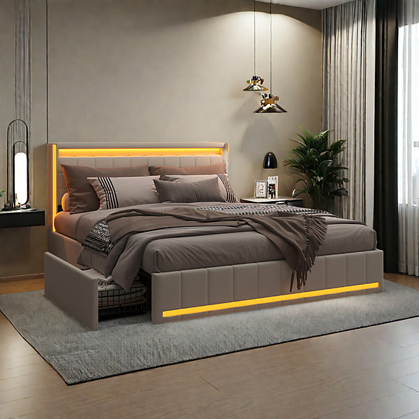 Lit double 160x200 cm en lin beige, Tête et pied de lit avec LED, 4 tiroirs métalliques, ports USB &Type-C