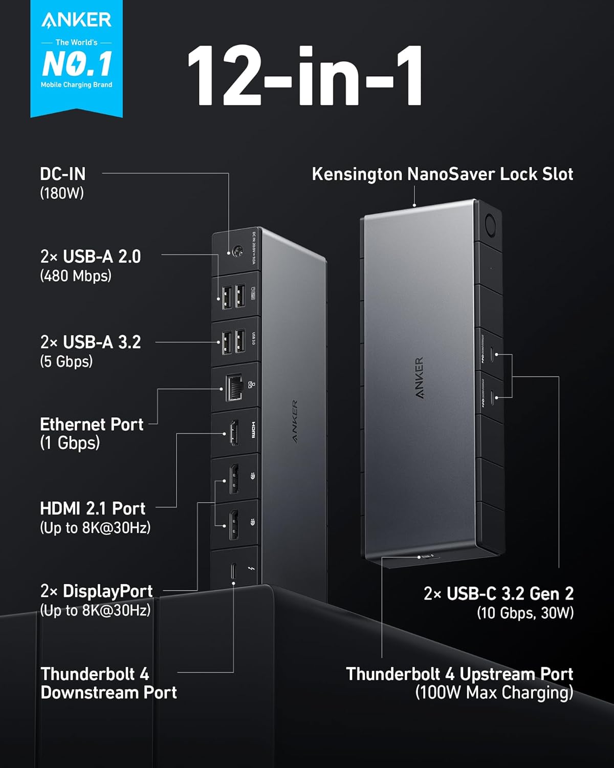 Anker 778 Thunderbolt Docking Station (12-in-1  Thunderbolt 4)  40 Gbps with Max 100W Charging for Laptop  Single 8K  Quad 4K Display  Ethernet  6 USB Ports for Dell  HP Laptops and More(Gray)