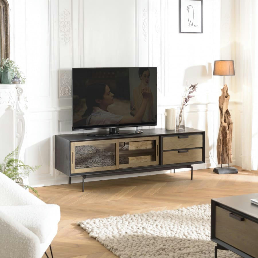 ALMA - Meuble TV 2 portes en verre fumé pieds métal noir