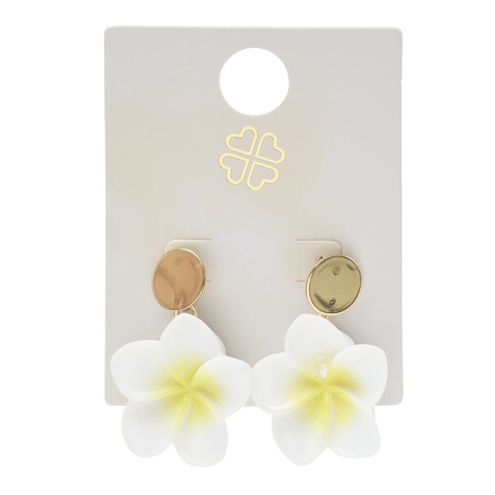 Boucles d'oreilles fleur de tiaré blanche et jaune bouton métal doré L5cm