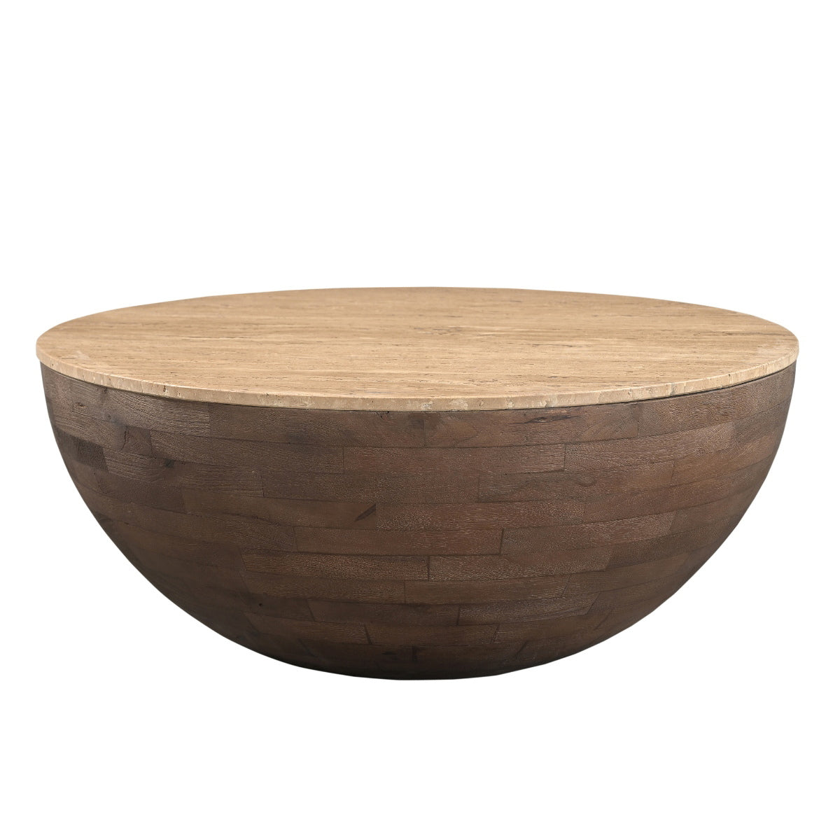 Giga Meubel Salontafel Aiden Rond - Travertin/Hout - Donkerbruin - 90x90x38cm
