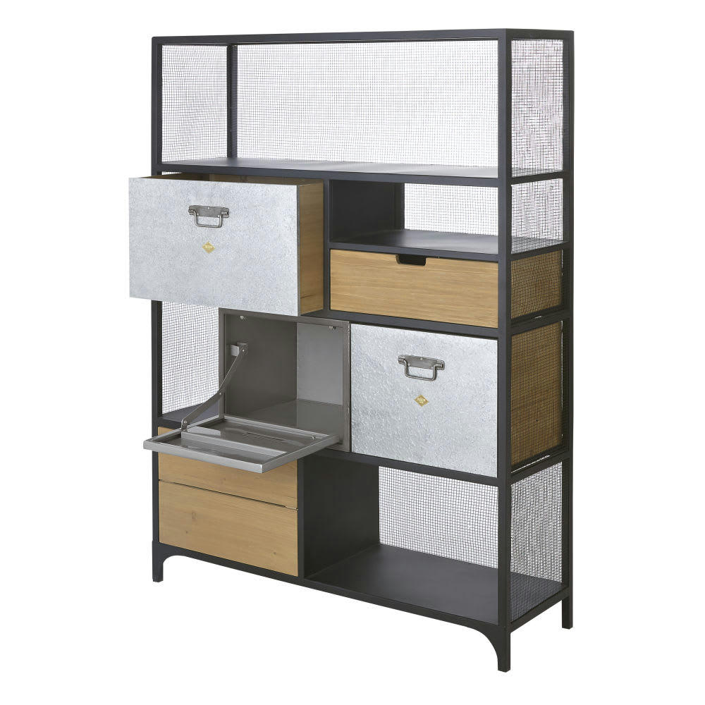 Harvey - Bibliothèque industrielle 4 tiroirs 1 porte en bois de sapin et métal