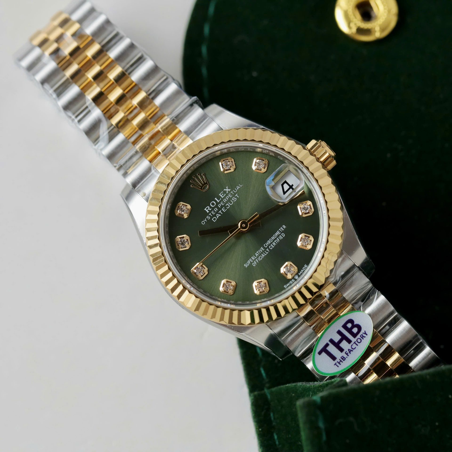 Rolex Datejust SS/YG Plated Green Dial CZ Diamonds 31mm Jub Replica