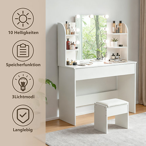 Coiffeuse Avec Miroir éclairage LED 3 Tons 105x40x130cm, Rangement D'angle, Tiroirs 3 Compartiments