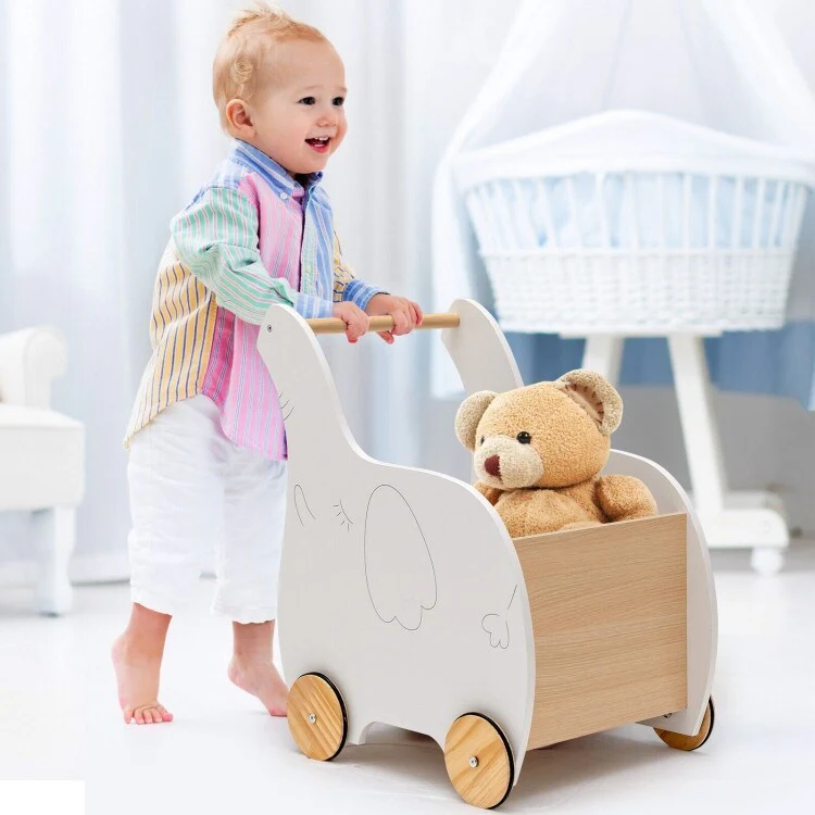 Kids Wooden Shopping Cart with Rubber Wheels - 12.5 x 19 x 22
