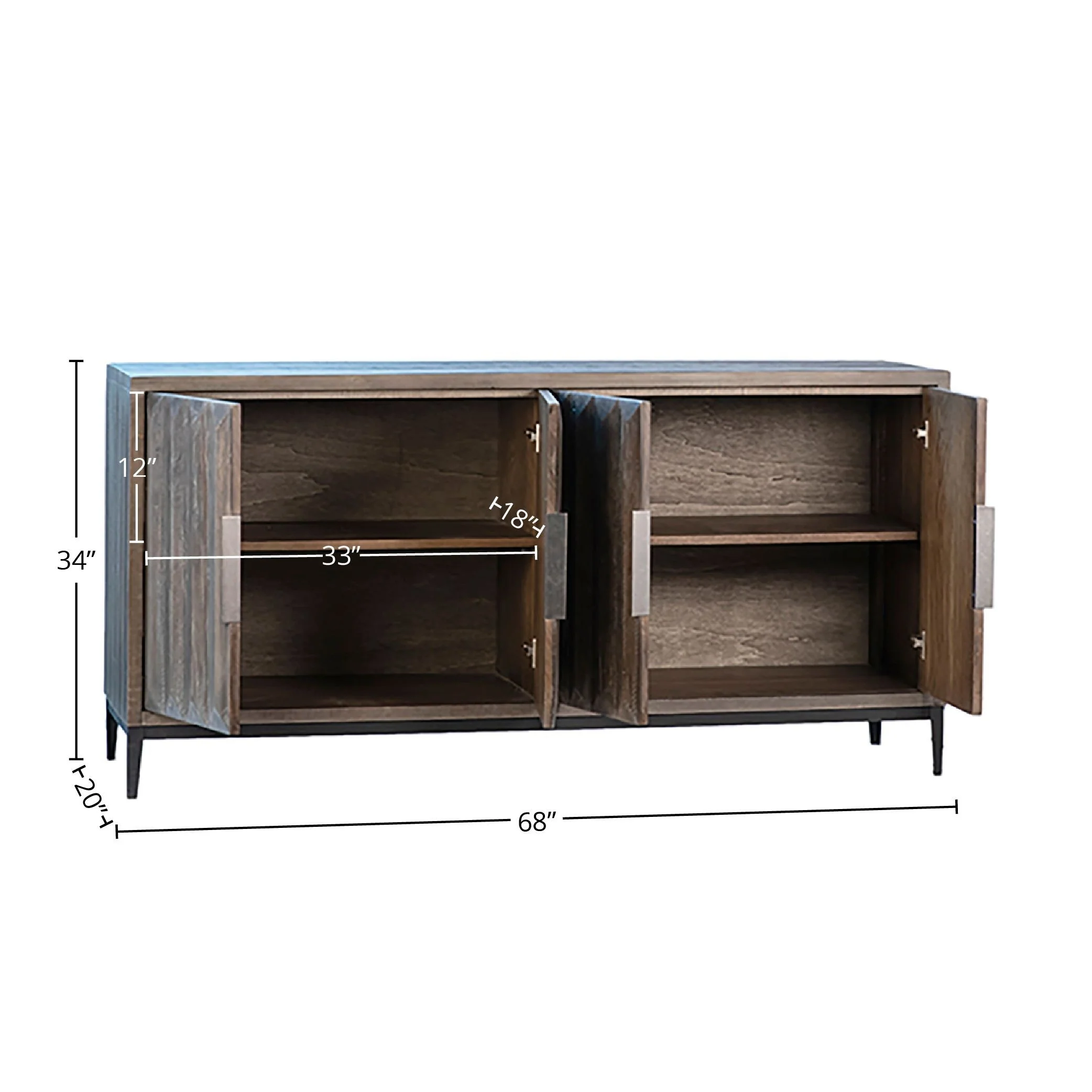 Nora 68-inch Antique Dark Brown Reclaimed Oak 4-Door Sideboard with Matte Black Iron Feet