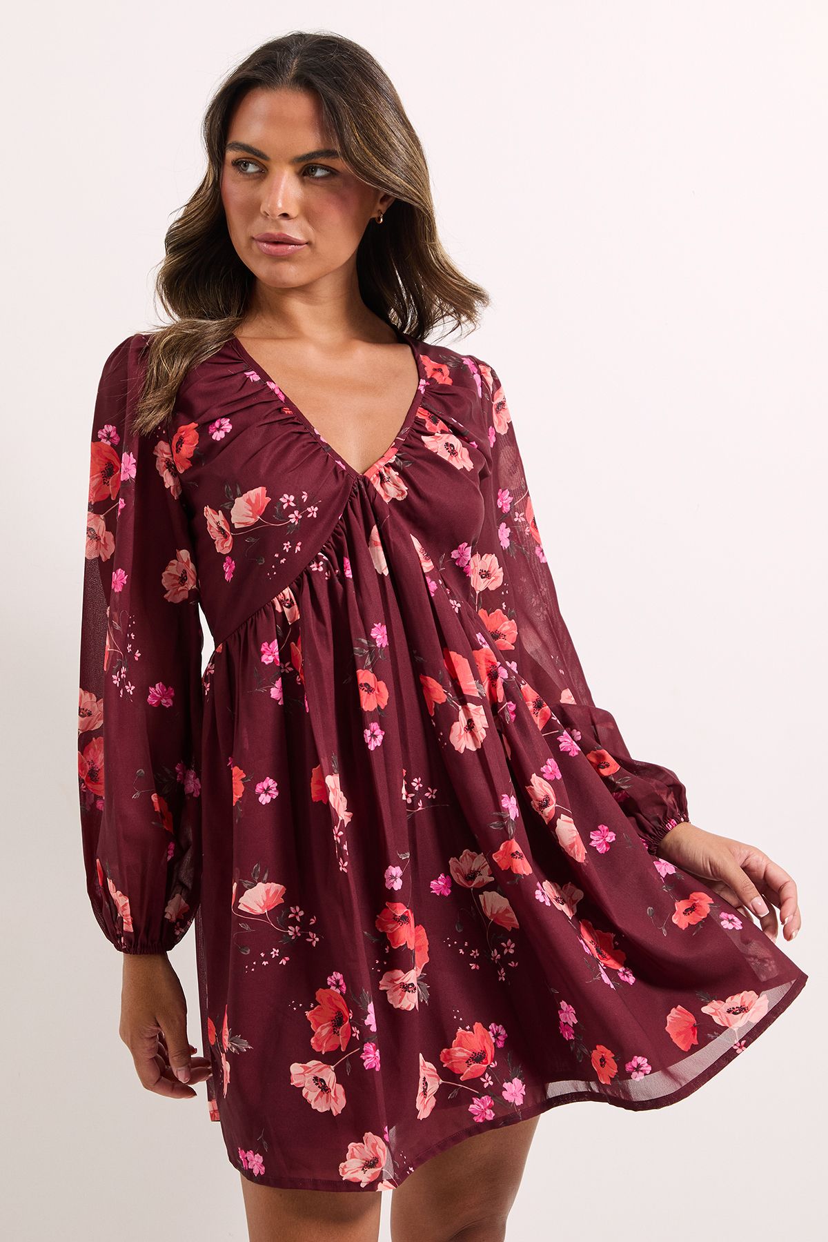 Dorothy Perkins Floral Empire Seam Blouson Sleeve Printed Mini Dress