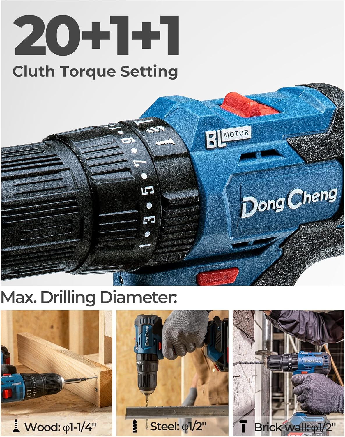 Dong Cheng 20V Brushless Heavy-duty Impact Drill, 443 in-lbs, 27000 IPM, 1/2 Keyless Metal Chuck, 20+1+1 Clutch, Cordless Hammer Drill with 2 Battery Kit for Drilling Brick Wall, Metal, Wood