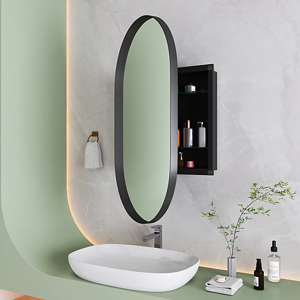 Armoire à miroir ovale noire avec cadre métal, meuble mural avec étagères réglables, rangement salle de bain