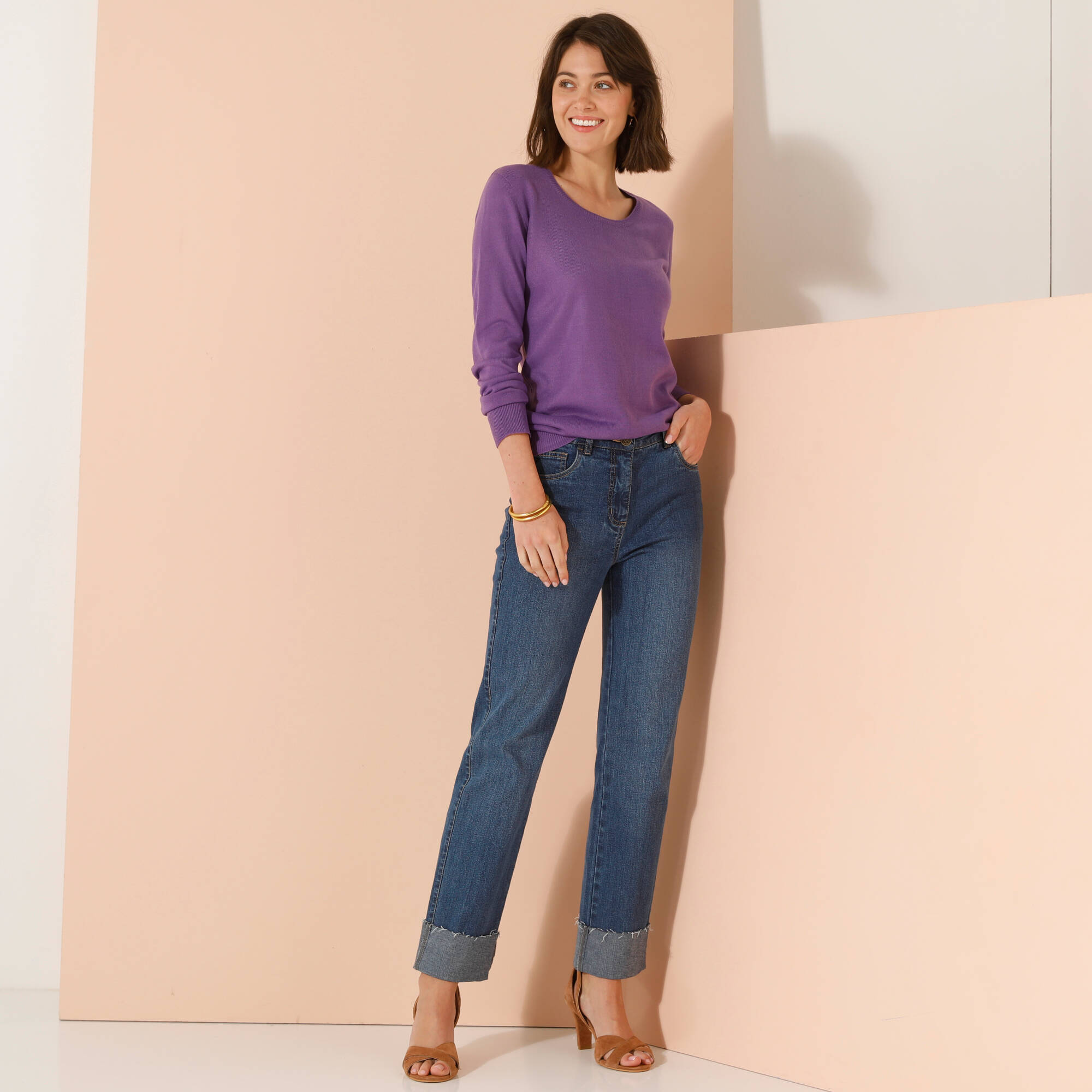 Pull col rond uni, manches longues, toucher doux