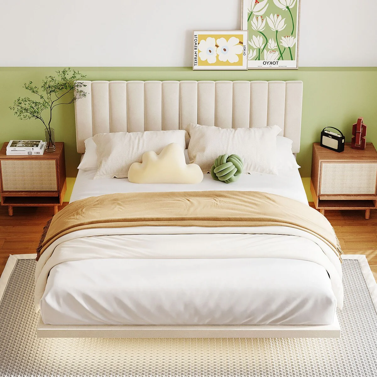 Nestfair Queen Size Upholstered Bed with Sensor Light and Headboard