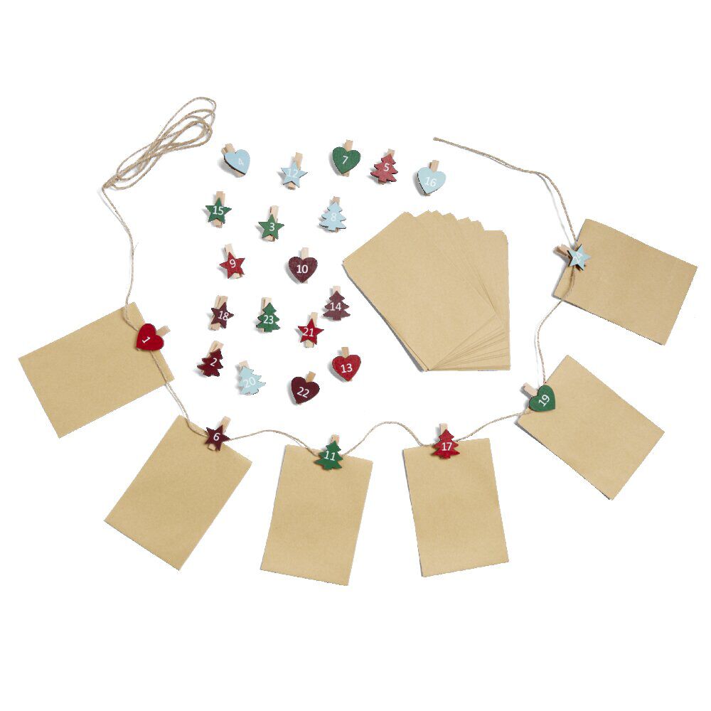 Calendrier de l'Avent à remplir avec pinces en bois et sachets 24 pièces