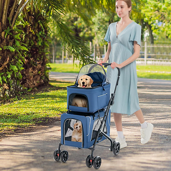 3 en 1 Poussette Pliable à 2 Niveaux pour Chien Chat, 2 Sacs Détachables, Fenêtre en Maille,Roues avec Freins, Coussins (Bleu)