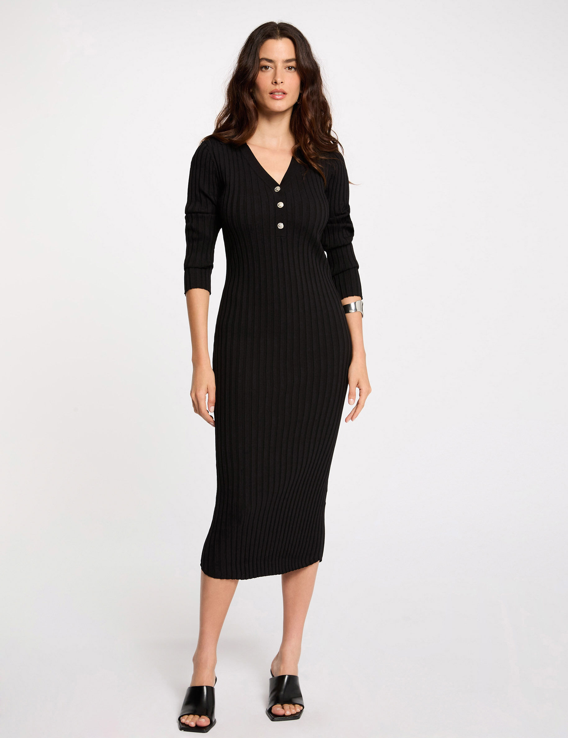 Fitted Ribbed Knitted Dress Black Women