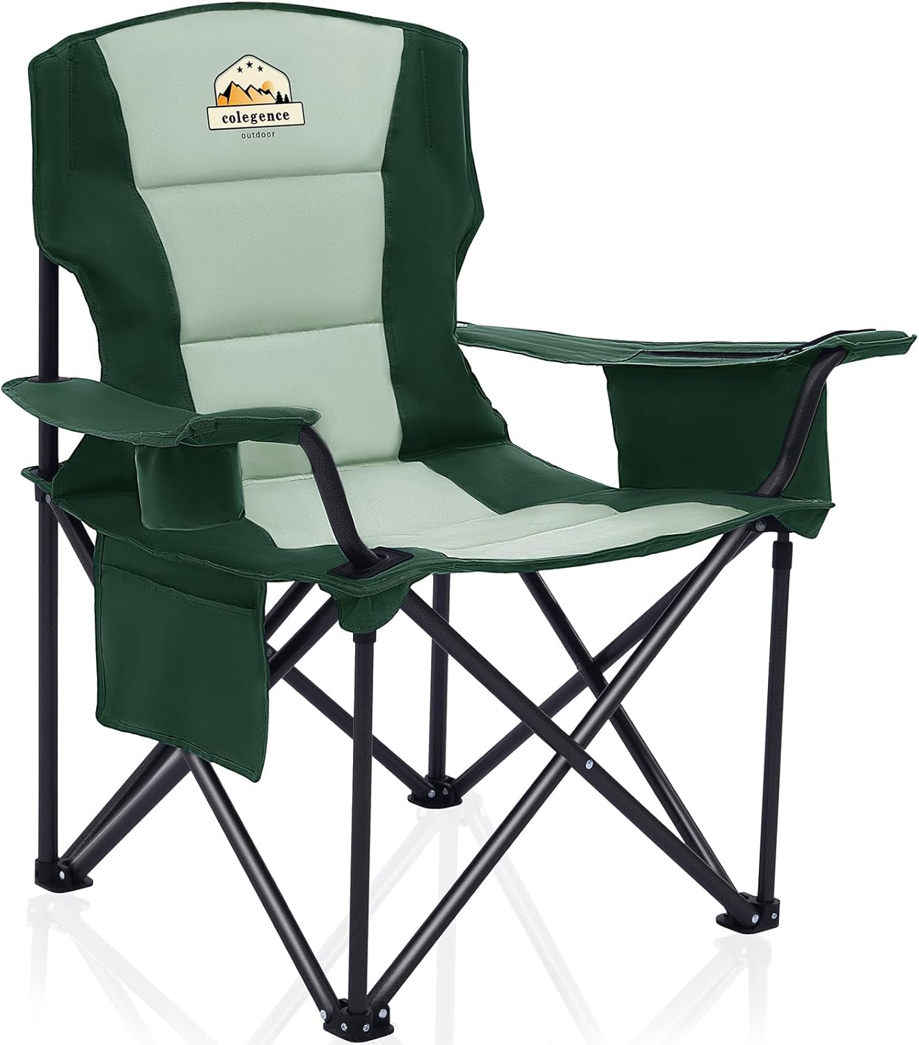 Colegence Heavy Duty Camping Chair for Adults, Oversized Heavy People Foldable Outside Camp Chairs Carry Bag Included, with Cooler Bag Cup Holder, Side Pocket for Lawn,Sport,Outdoor,Dark Green