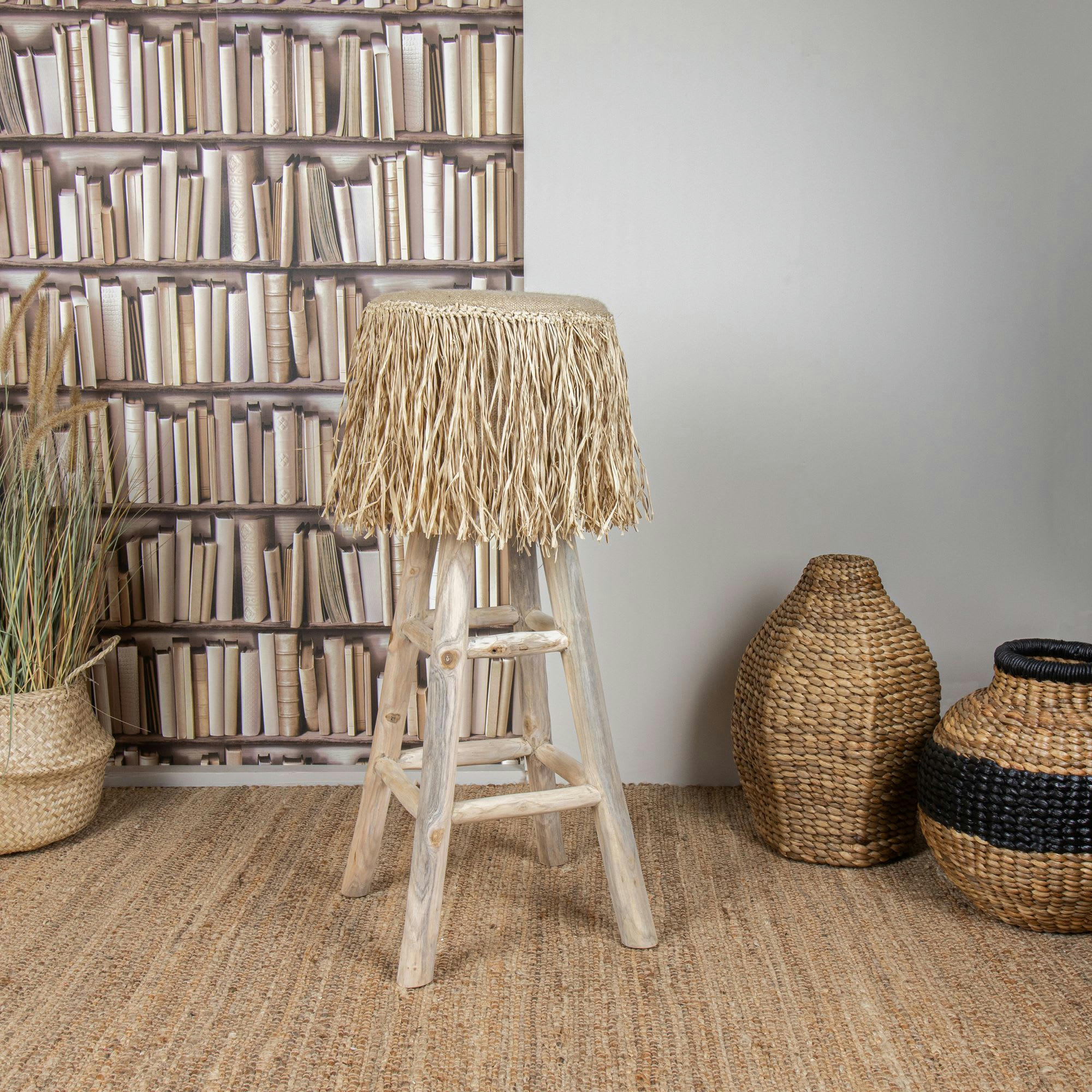 BURLAP - Tabouret haut en teck et assise jute