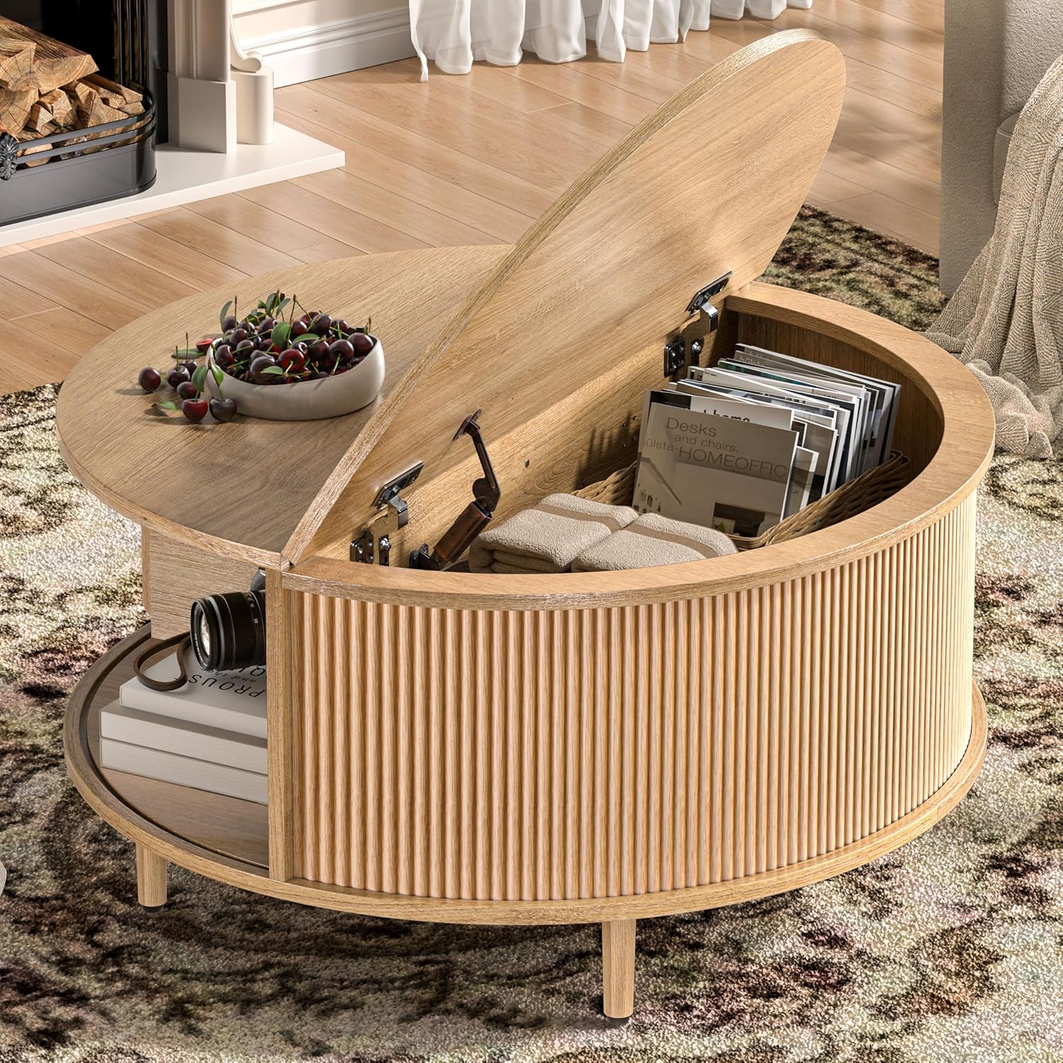 Round Coffee Table, 31.5 Fluted Center Table with Storage, Lift-Top Coffee Table with Adjustable Footpads, Sliding Door, Mid-Century Modern Center Table for Living Room, Small Space (Nature)