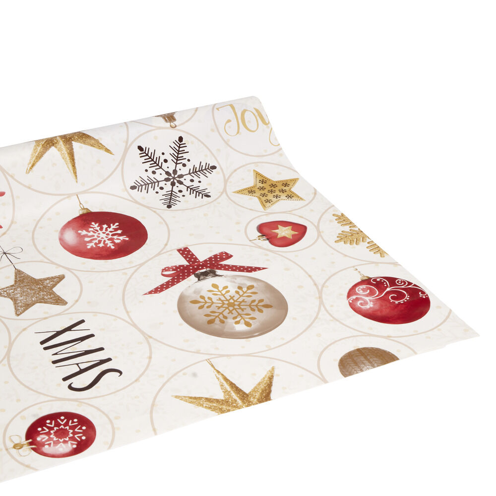 Toile cirée motifs guirlande boules de No&euml;l rouge 140cm
