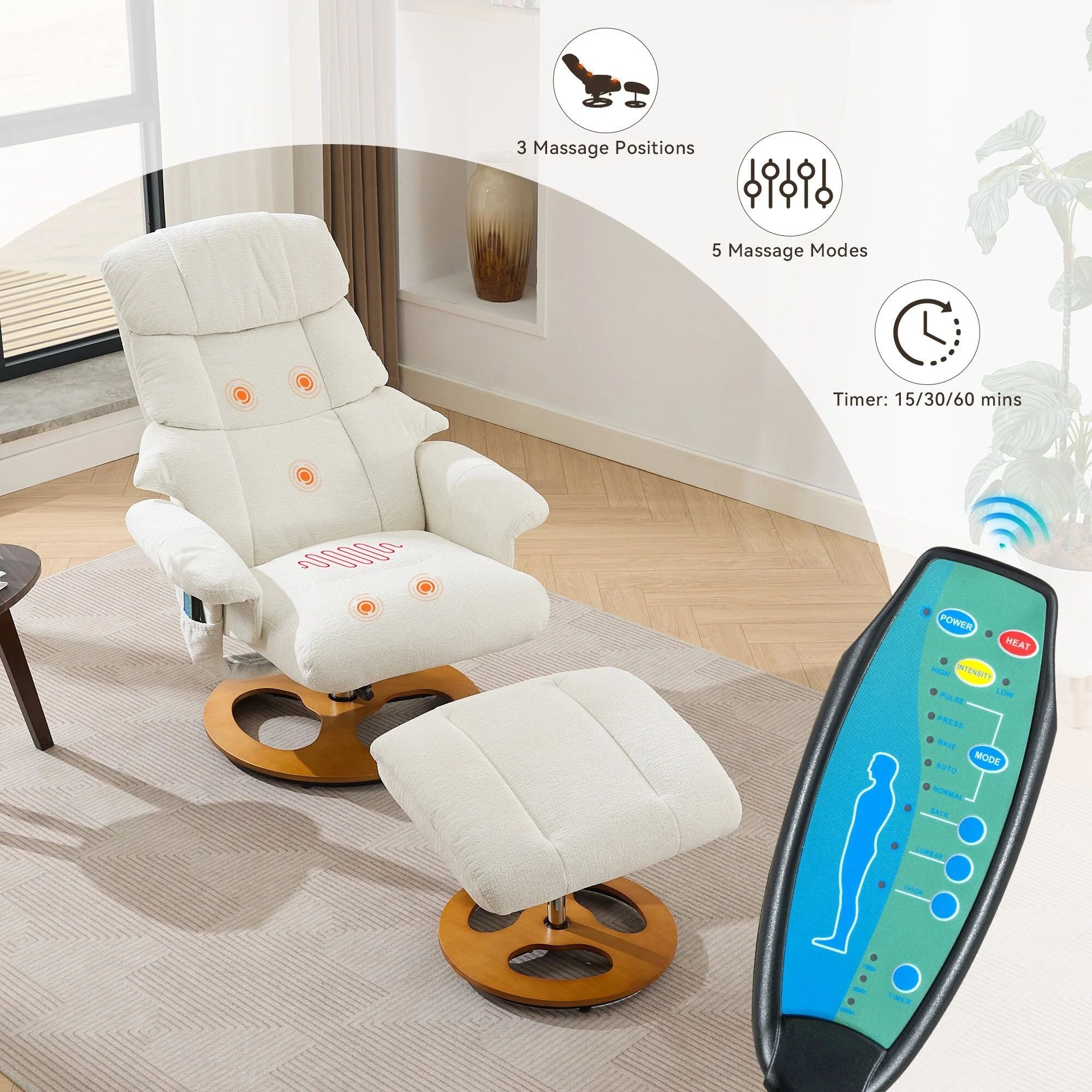 Chenille 360° Swivel Massage Recliner Chair with Ottoman, Massage and Heated Seat