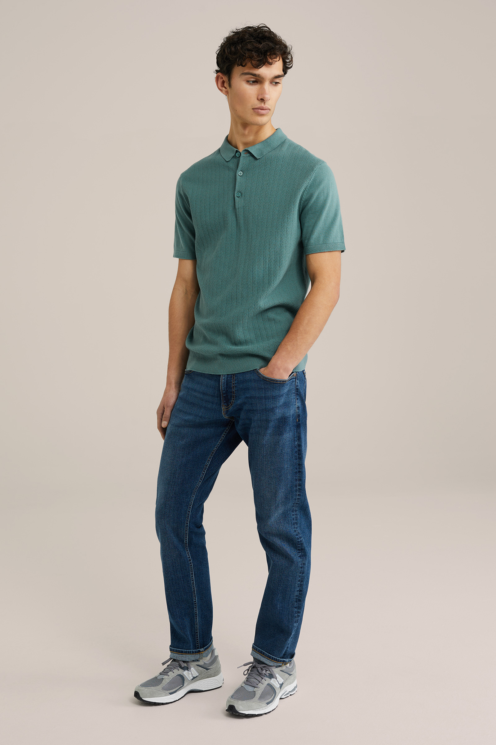 Heren Regular fit fijngebreide polo met structuur