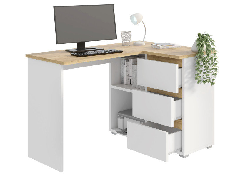 Nowoczesne biurko narożne Norge 124 cm 3 szuflady   2 półki