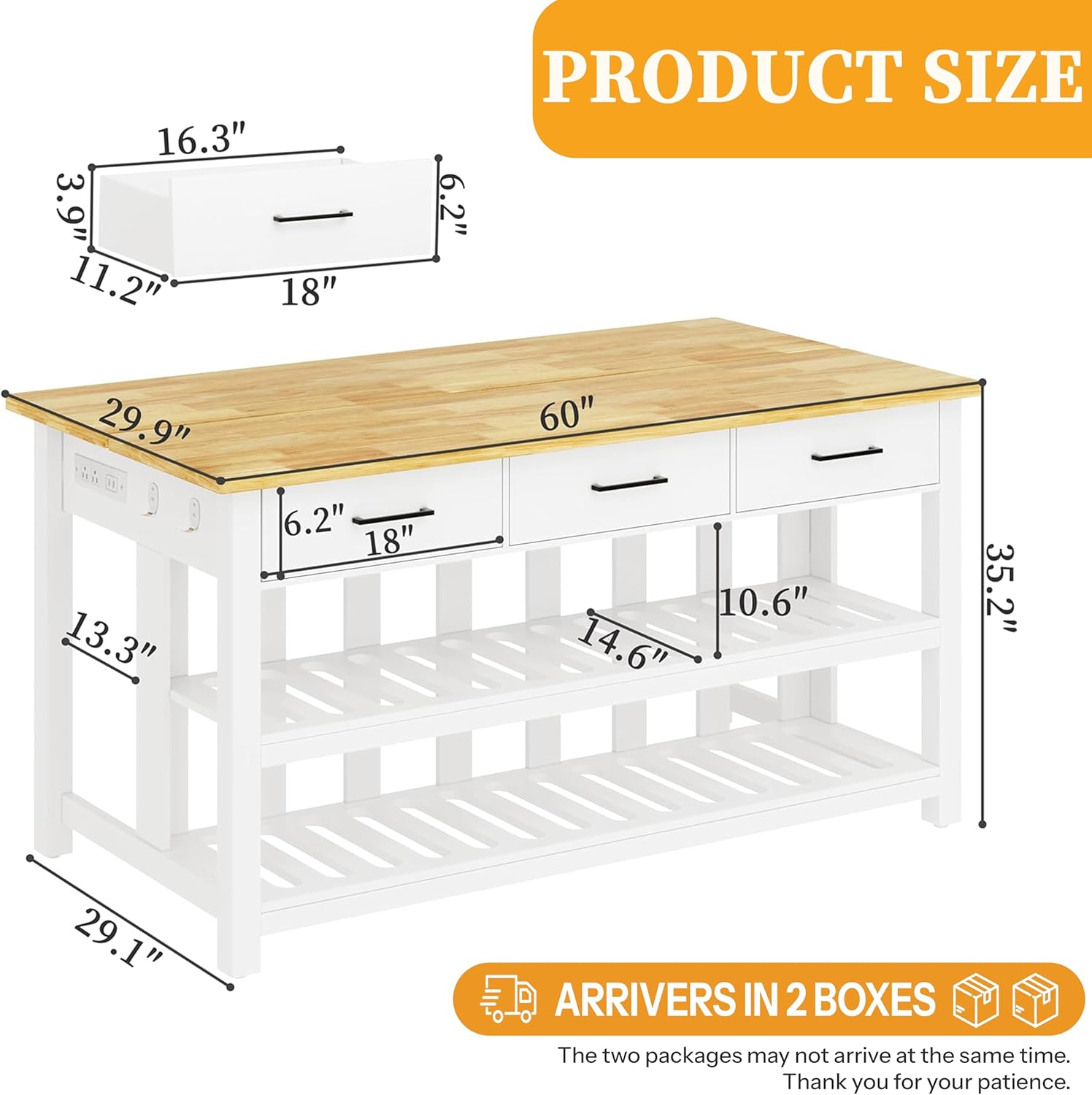 60 Solid Rubberwood Kitchen Island with Power Outlets - Extra Large Work Surface, 3 Drawers & 2 Open Shelves Storage Cabinet for Kitchen Dining Room, Farmhouse Style (White)