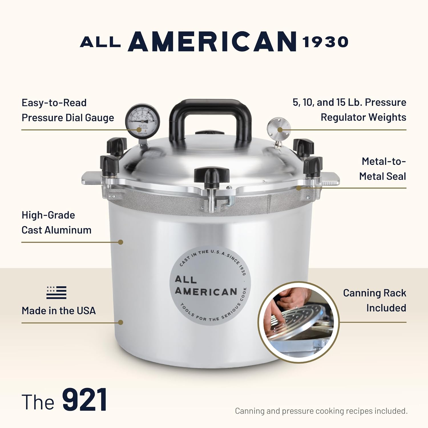 All American 1930: 21.5qt Pressure Cooker/Canner (The 921) - Exclusive Metal-to-Metal Sealing System - Easy to Open & Close - Suitable for Gas, Electric, or Flat Top Stoves - Made in the USA
