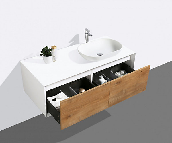 Meuble sous vasque suspendu MDF Blanc mat, 2 tiroirs façade Aspect chêne - 120x40x55cm - Fiona 1200
