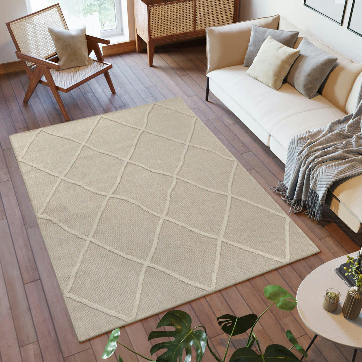 JUDE - Tapis effet jute naturel à relief losanges beige 80x150cm