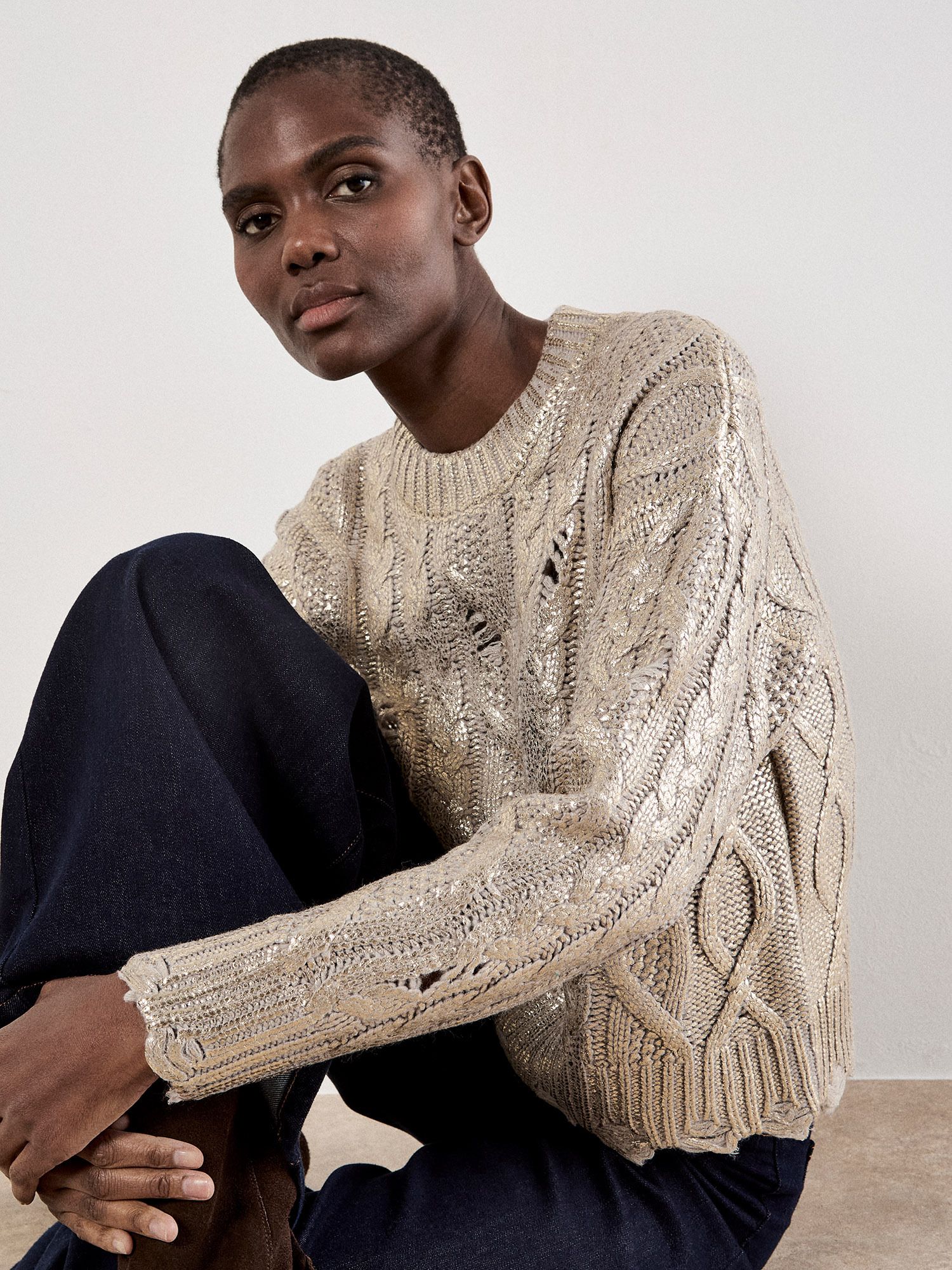 Apricot Distressed Gold Foil Metallic Cable Jumper