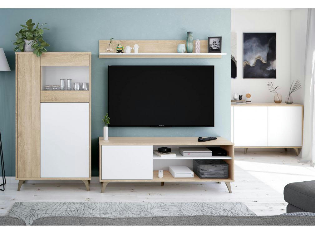 LAURA - Meuble TV avec rangements et étagère assortie L135cm