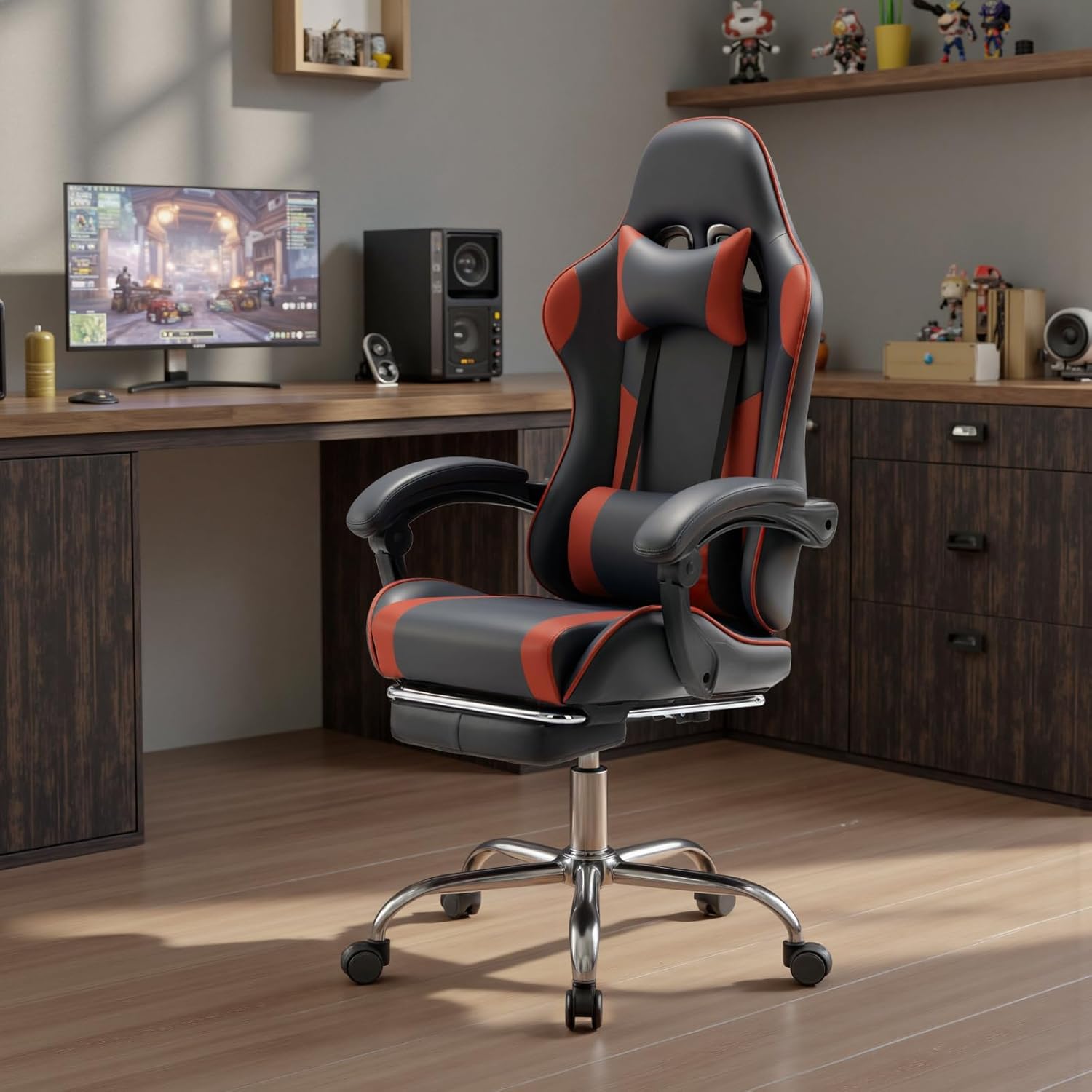 DUMOS Ergonomic Gaming Office Desk Chair with Footrest and Headrest for Adults, PU Leather Video Computer Chair with Linkage Armrests, Height Adjustable 360° Swivel Recling Chair, Black Red