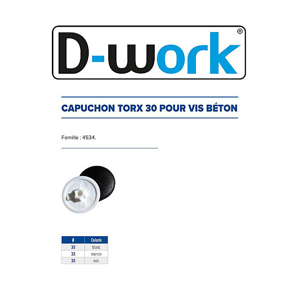 100 Capuchons à clipser Marron pour Vis Béton Empreinte Torx T30 - Polyamide - D-Work