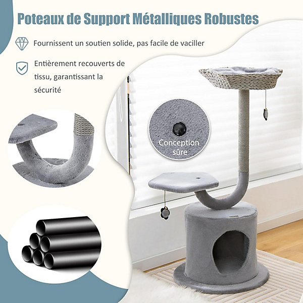 Arbre à Chat 106cm à 3 Niveaux lanche à Gratter en Sisal en Forme de Fleur Condo Privé 2 Balles Suspendues