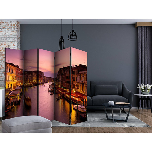 Paravent Romantique Venise Nocturne, Décoration 5 Volets 225 x 172 cm Violet et Bronze