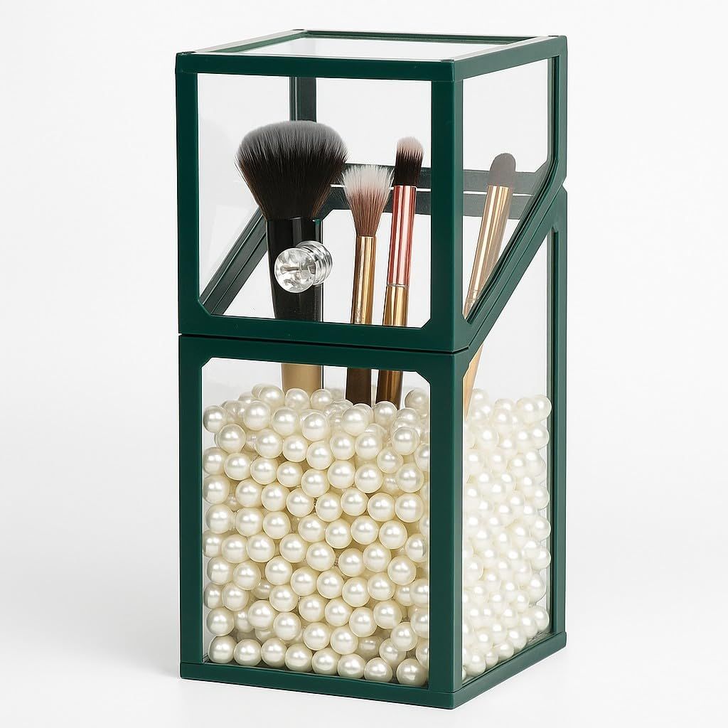 London Boutique London Boutique Luxury Glass Makeup Brush Holder with Pearl Beads Green