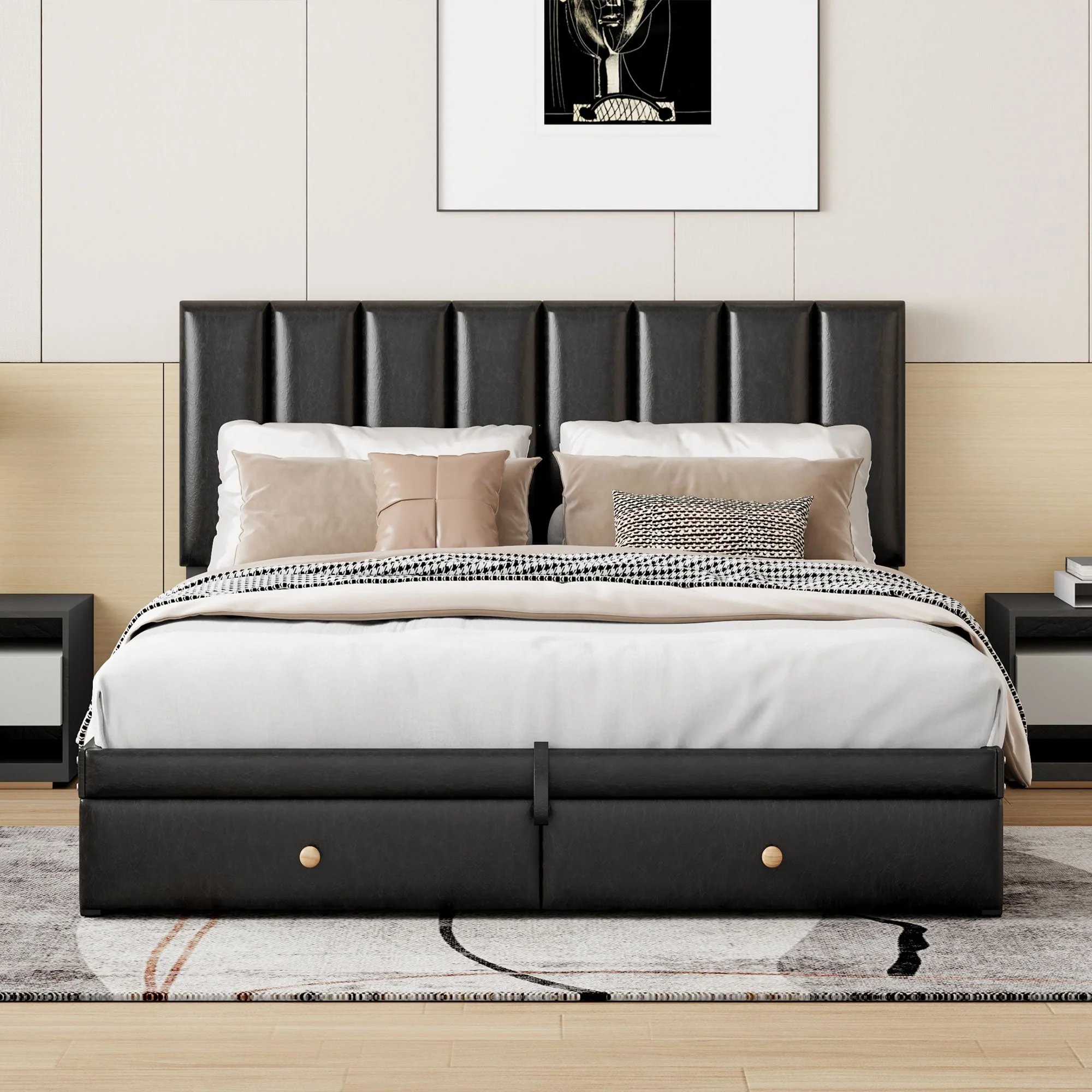Queen Size Upholstered Bed with Hydraulic Storage System and Drawer