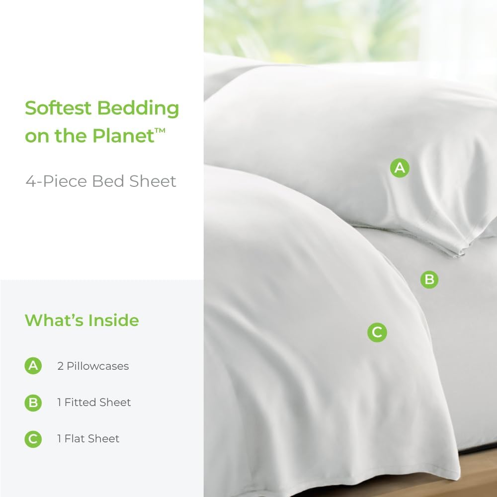 Cariloha Retreat 4-Piece Sateen Sheet Set | White | King | Lyocell Material | Breathable, Corner Straps, Extra Soft & Cooling