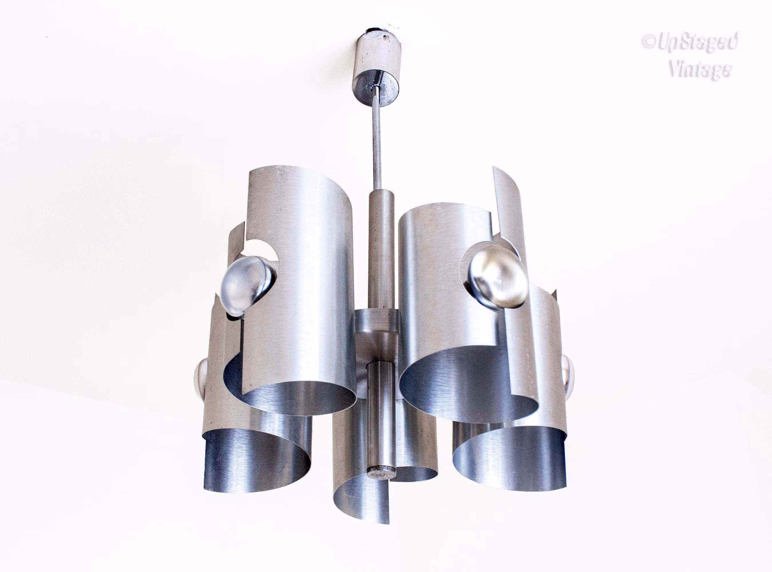 Polam Bielsko Chandelier Space Age Brushed Steel 1970s Vintage Light Fixture