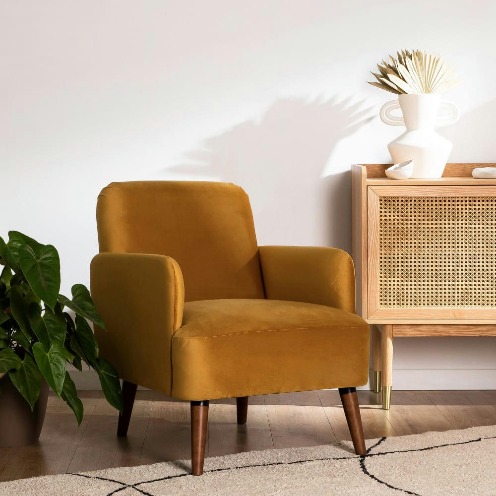 BROOKS - Fauteuil rétro velours jaune moutarde