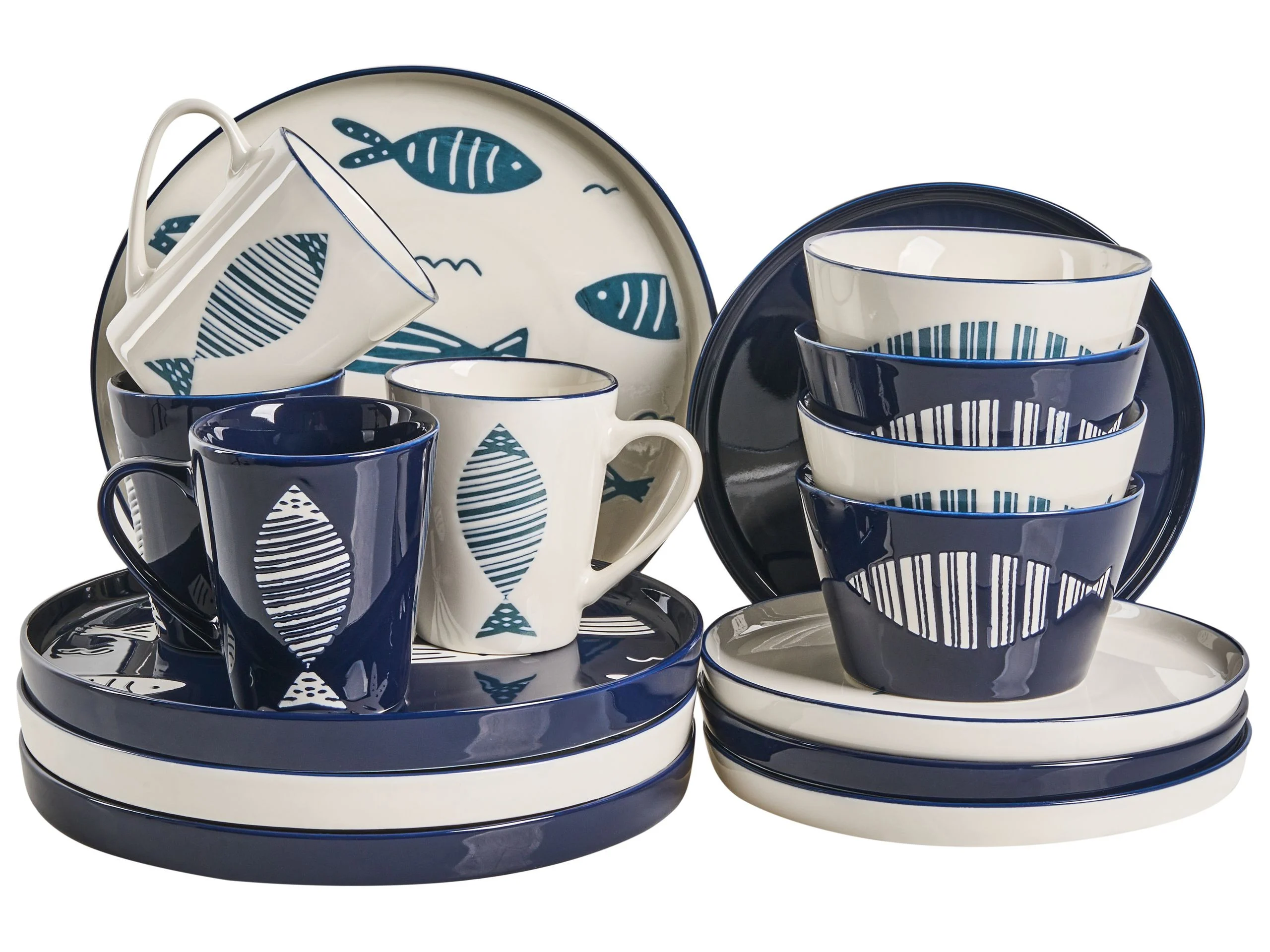 Zestaw 16 naczyń z porcelany ryby biały z niebieskim