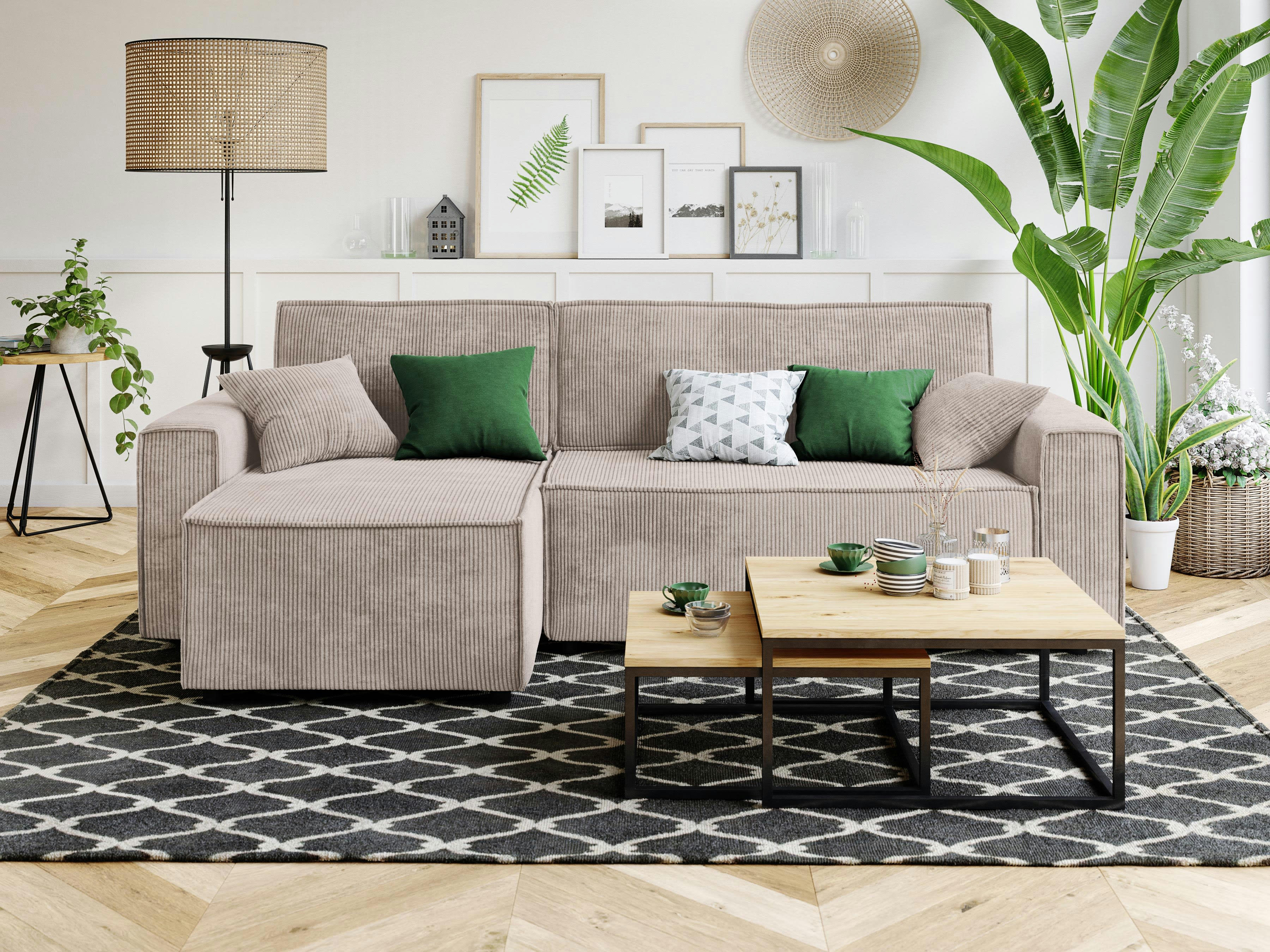 MIRA - Canapé d'angle convertible en velours côtelé 4 places grège