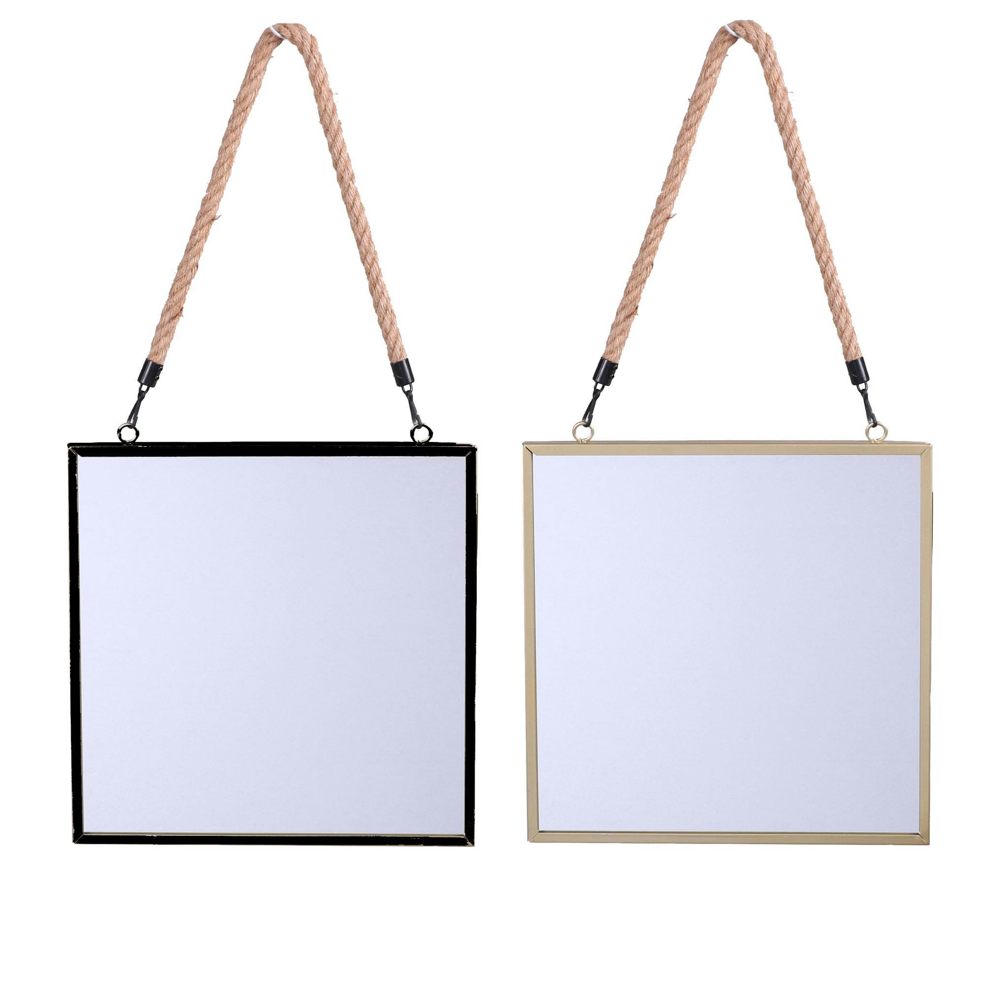 - Set de 2 miroirs carrés suspendus corde noir et doré - 30x30cm