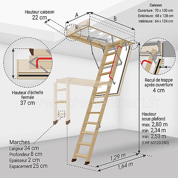 Echelle coupe feu 60min avec trappe de 70x140cm - Hauteur de 2.34 à 2.80m - LWF60/70140-280
