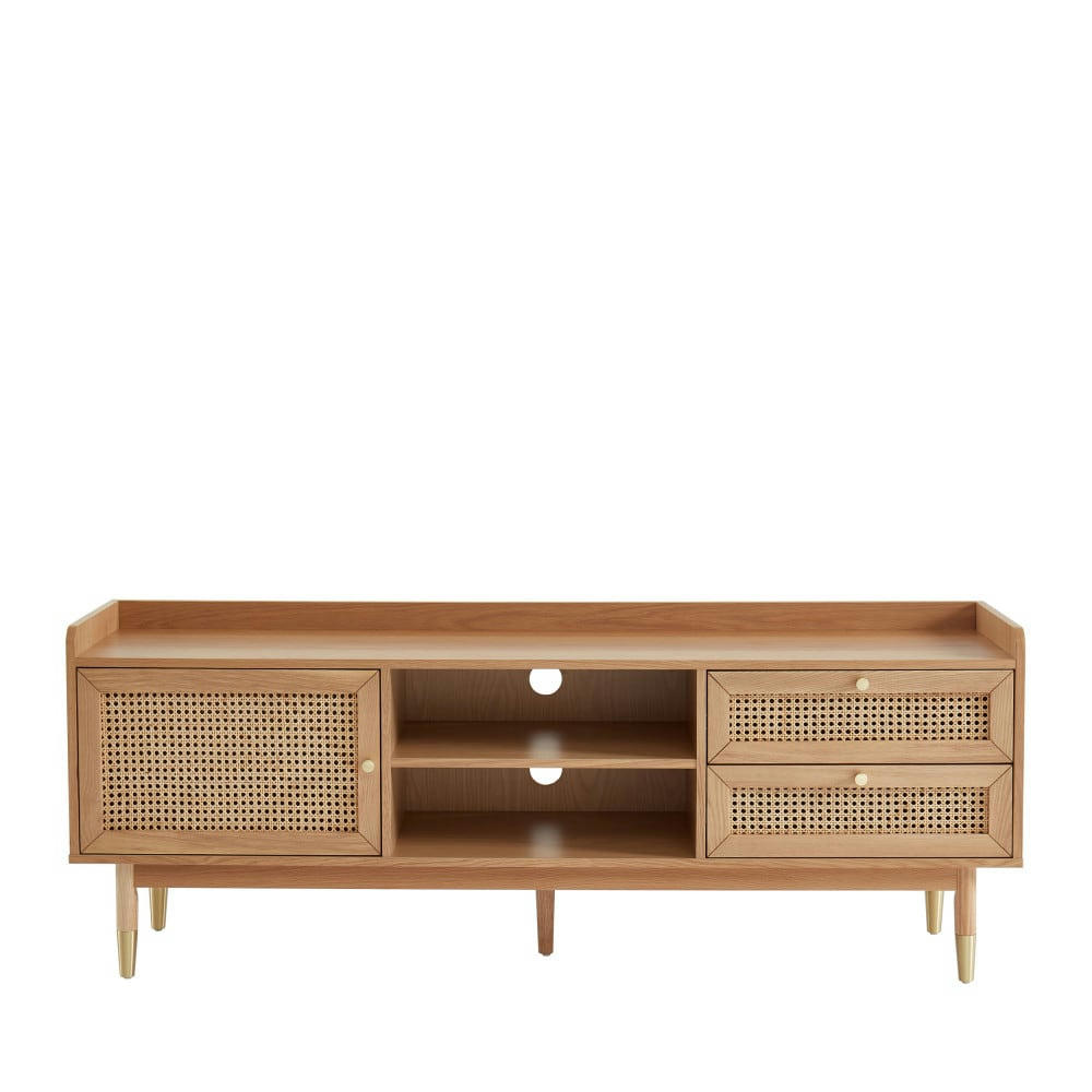 BOMBONG - Meuble TV 1 porte 2 tiroirs en bois et cannage L160cm bois clair