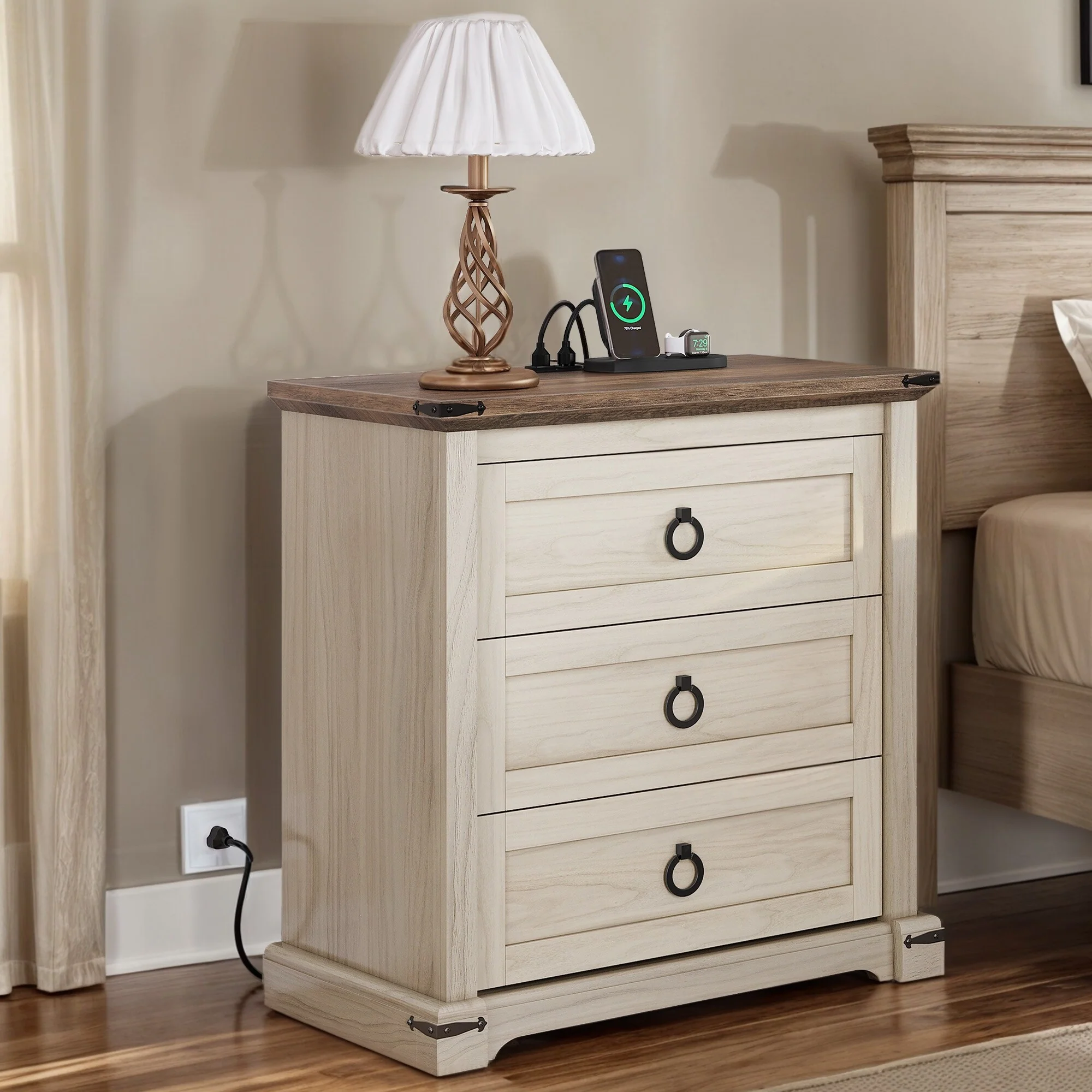 Moasis Classic 3 Drawers Nightstand with Charging Station and Power Outlet
